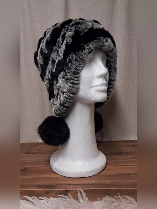 None Accessories - Chinchilla- Patterned Rex Rabbit Fur Beanie With Pom Poms OS